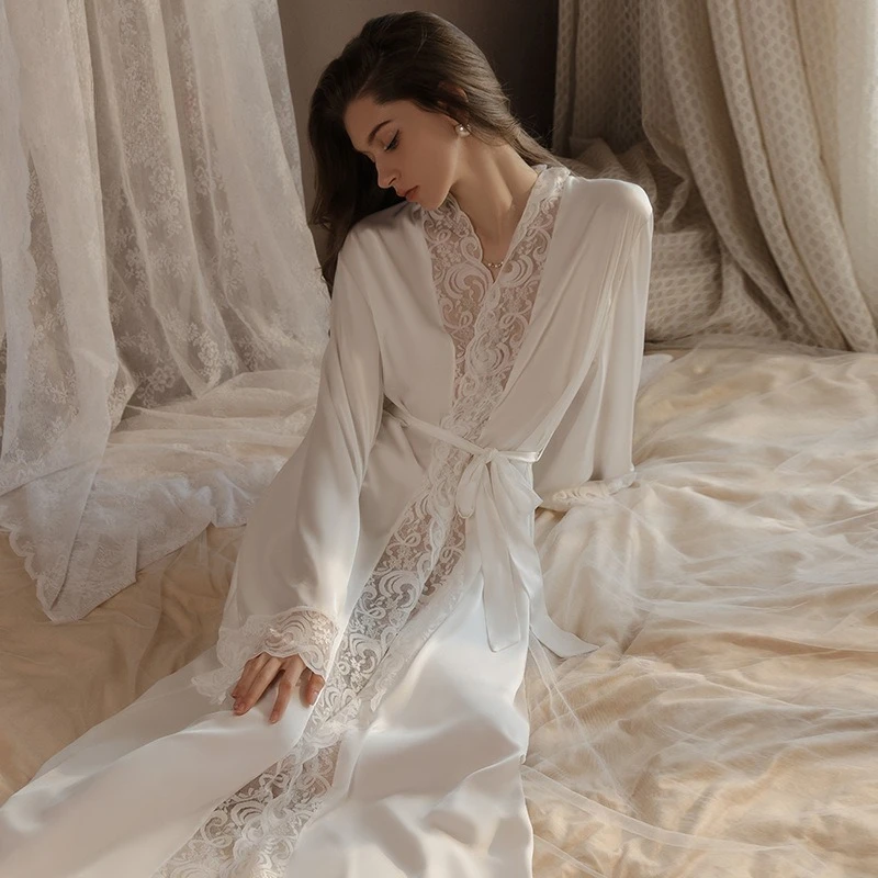 

Женские пижамы, сексуальные ночные рубашки, шелковый атлас с кружевом, лоскутное длинное пальто с поясом, домашняя одежда, комплект больших размеров, женское ночное платье