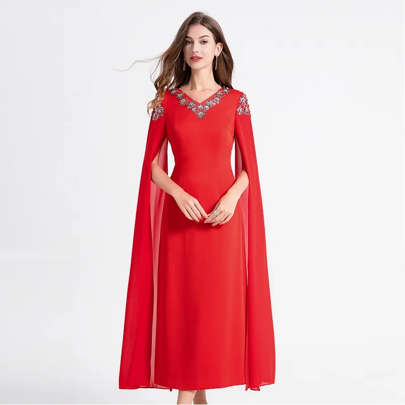 

Cape Poncho Long Dress 2024 Autumn Party Cocktail Women Beading Deco Elegant Long Red Purple Dress 3XL Size Clothes