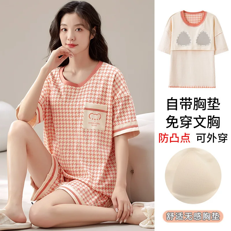 Summer 100% Cotton Women\'s Pajamas With Padded Bra Sweet Princess Cartoon Comfortable Short Sleeve Shorts Pajama Sets