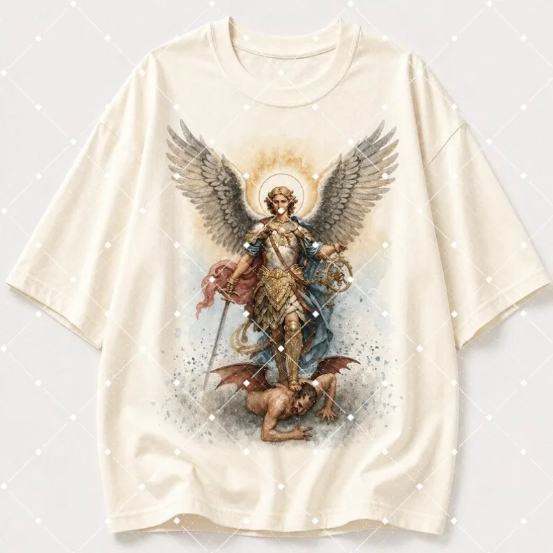 Archangel Michael Defeats Demon Watercolor Graphic T-Shirt Religious Vintage Art Tee