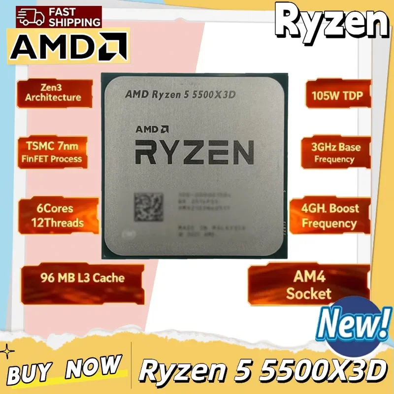 

AMD Ryzen 5 5500X3D 3GHz 6-Core 12-Thread Socket AM4 NEW Gaming Processor DDR4 L3=96M 105W 7NM R5 5500X3D but Without Fan