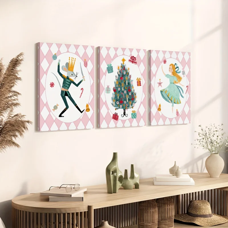 3Pcs Wooden Frame Christmas Decorative Paintings Wall Art Set Canvas Holiday Prints, 11.81 X15.75Inch, Modern Seasonal Decor