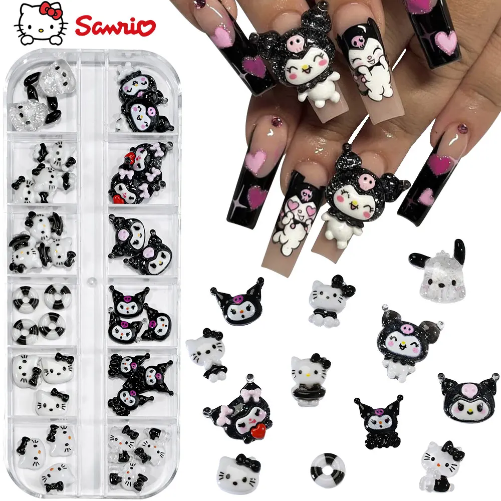 12 グリッドチョコレートヒョウ柄ハローキティネイルチャーム樹脂秋冬シリーズかわいい漫画ネイルデコレーションマニキュア DIY
