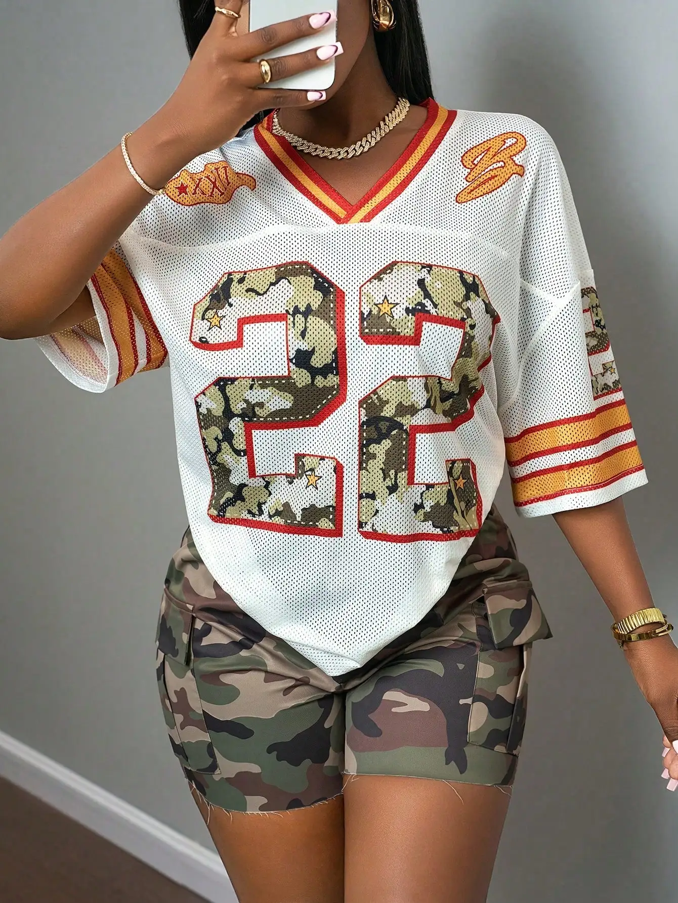 

Women's Camo Print Mesh Football Jersey T-Shirt, Loose Fit, Contrast Stripes, V-Neck, Summer Casual Sportswear