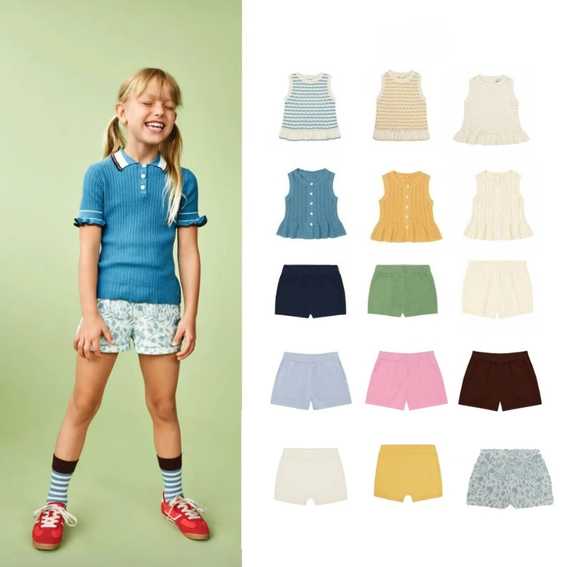 

Комплект Ins Style 2026: Датский вязаный жилет без рукавов и шорты в стиле колор-блок для мальчиков и девочек, летний повседневный комфортный комплект для детей