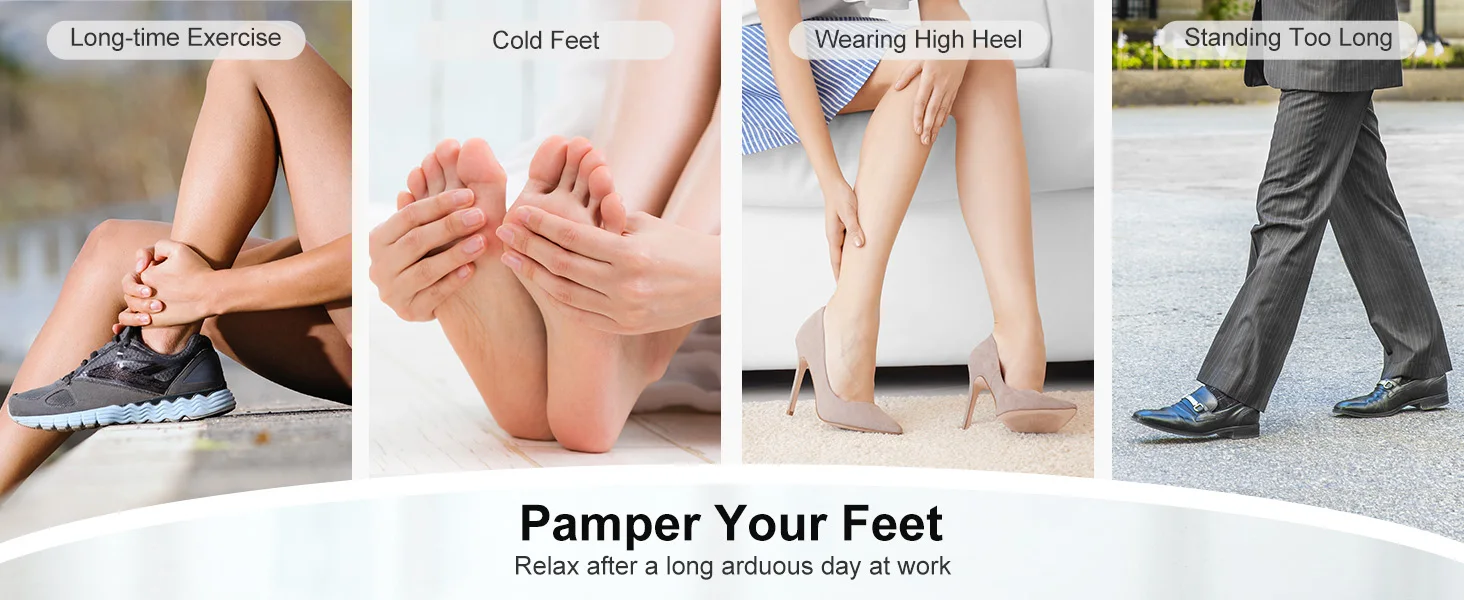 Make Time for Foot Relaxation An electric shiatsu foot massager featuring rolling and kneading massage, optional heat, adjustable air compression, and a convenient 15-minute timer.