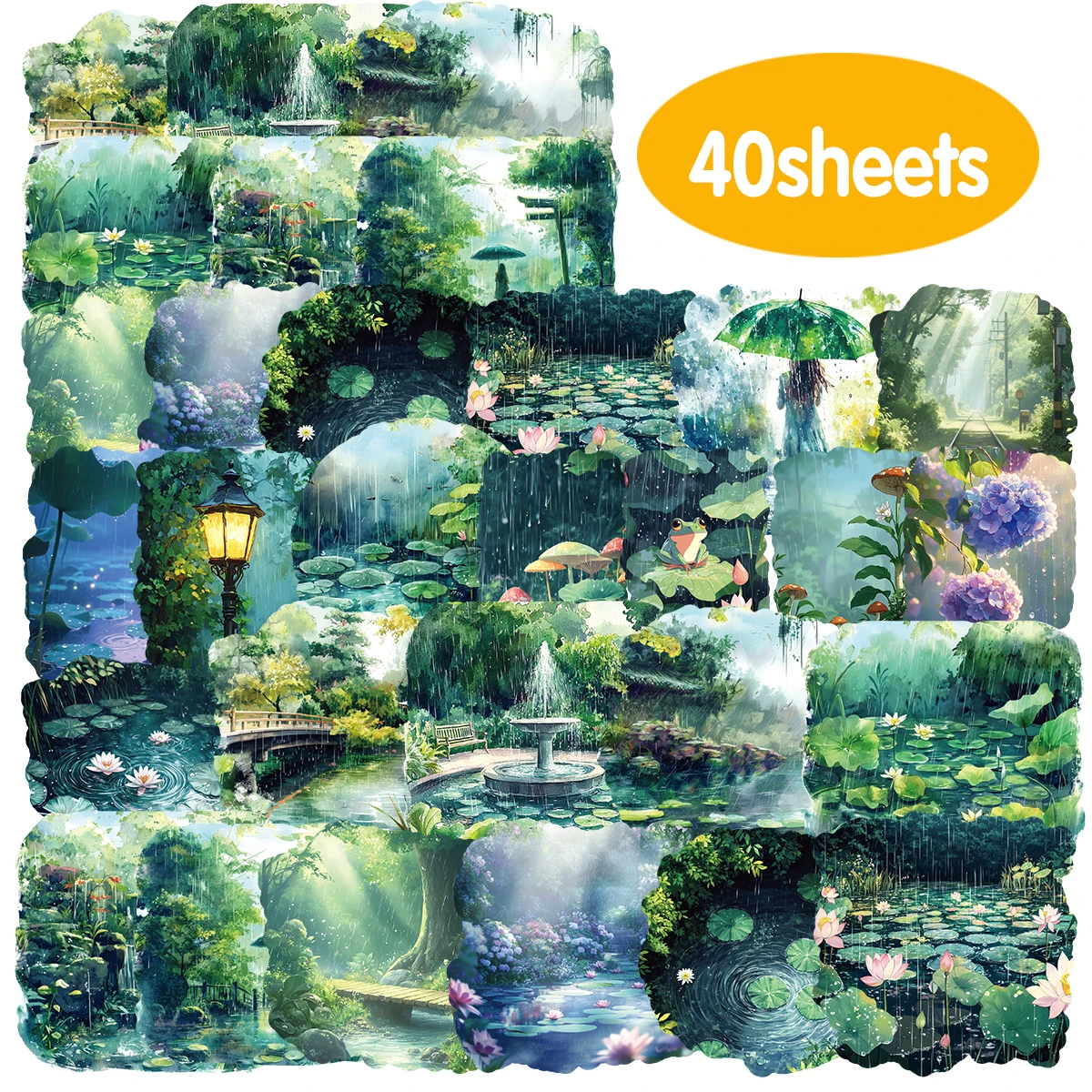 40pcs of PVC Stickers with Lotus Pond Rain Scene Patterns for Laptop Luggage Fridges and Diary Kids Toy Stationery Stickers