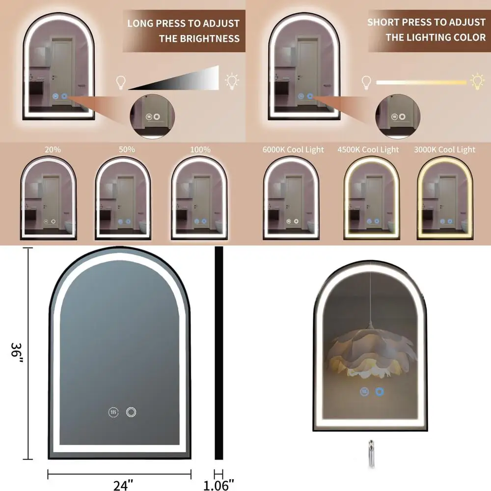 

Зеркало LED с подсветкой, черное, арочное, 24 x 36 дюймов, для ванной комнаты, с функцией антизапотевания, регулировкой яркости, 3 цветовыми режима, сенсорное управление