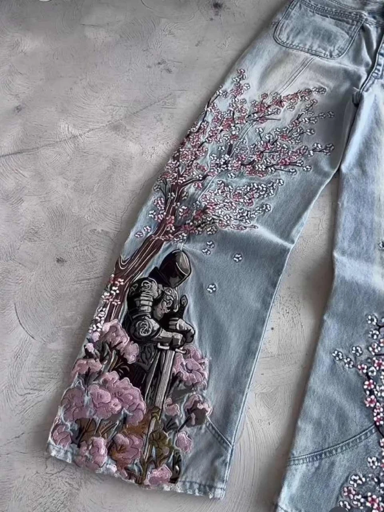 Houzhou vintage bordado jeans feminino y2k estilo hip hop calças jeans oversize gótico harajuku retro streetwear calças de perna larga