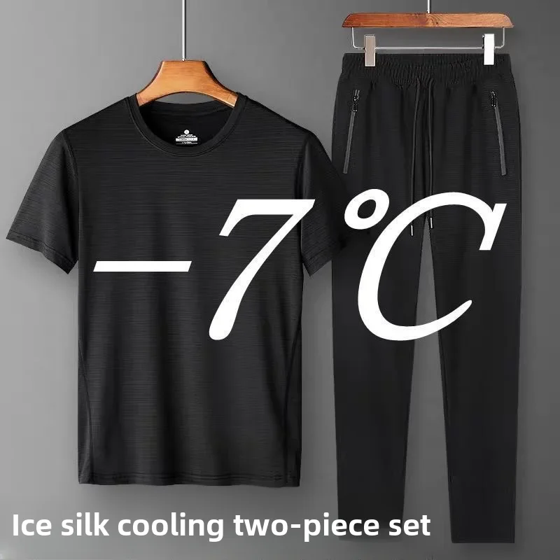 Zomer sneldrogend hardloopsportpak korte mouwen T-shirts heren casual ijszijde 2-delige set