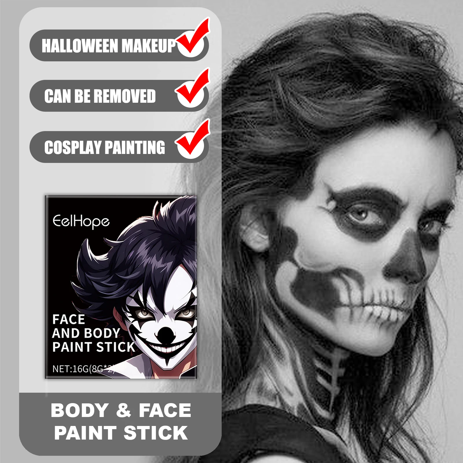 عصا طلاء الجسم والوجه من EELHOPE لمكياج الهالوين، لوحة ناعمة لكامل الجسم، فستان كهيكل عظمي للمهرج الكسول ومصاصي الدماء #1