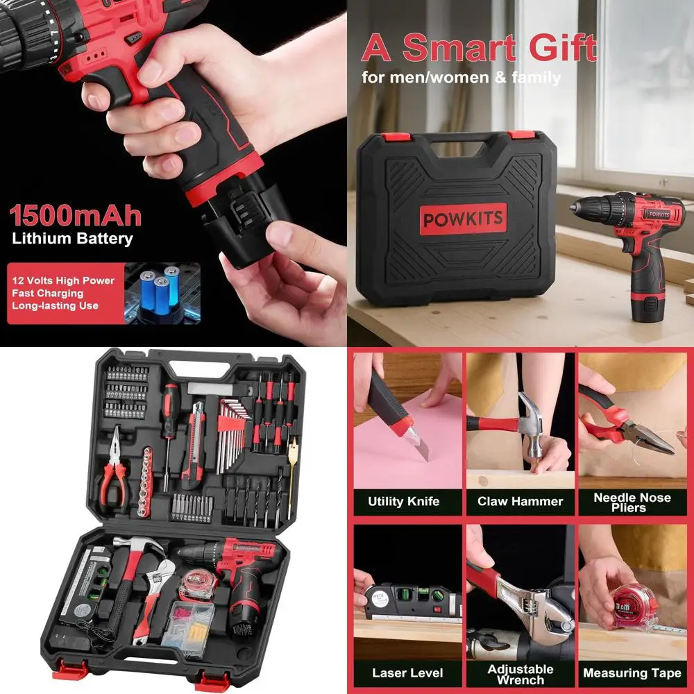 

12V Cordless Drill Kit with Laser Level, Battery, Charger, and 142-Piece Tool Set for Home Repairs in Red