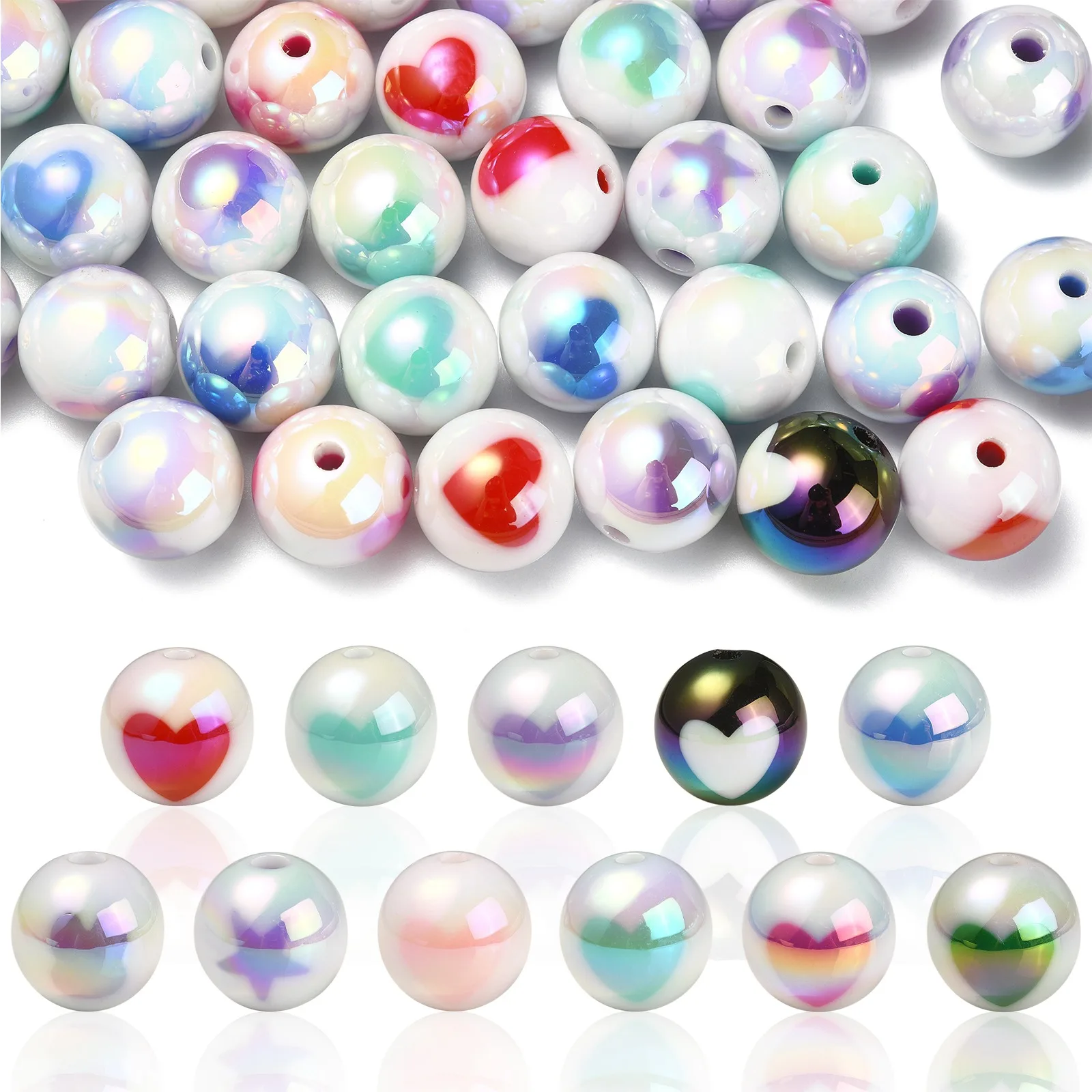 Pandahall 100Pcs 16mm Acrylic Round Beads with Heart Pattern Opaque Round Bubble Bubblegum Beads for Jewelry Making Supplies