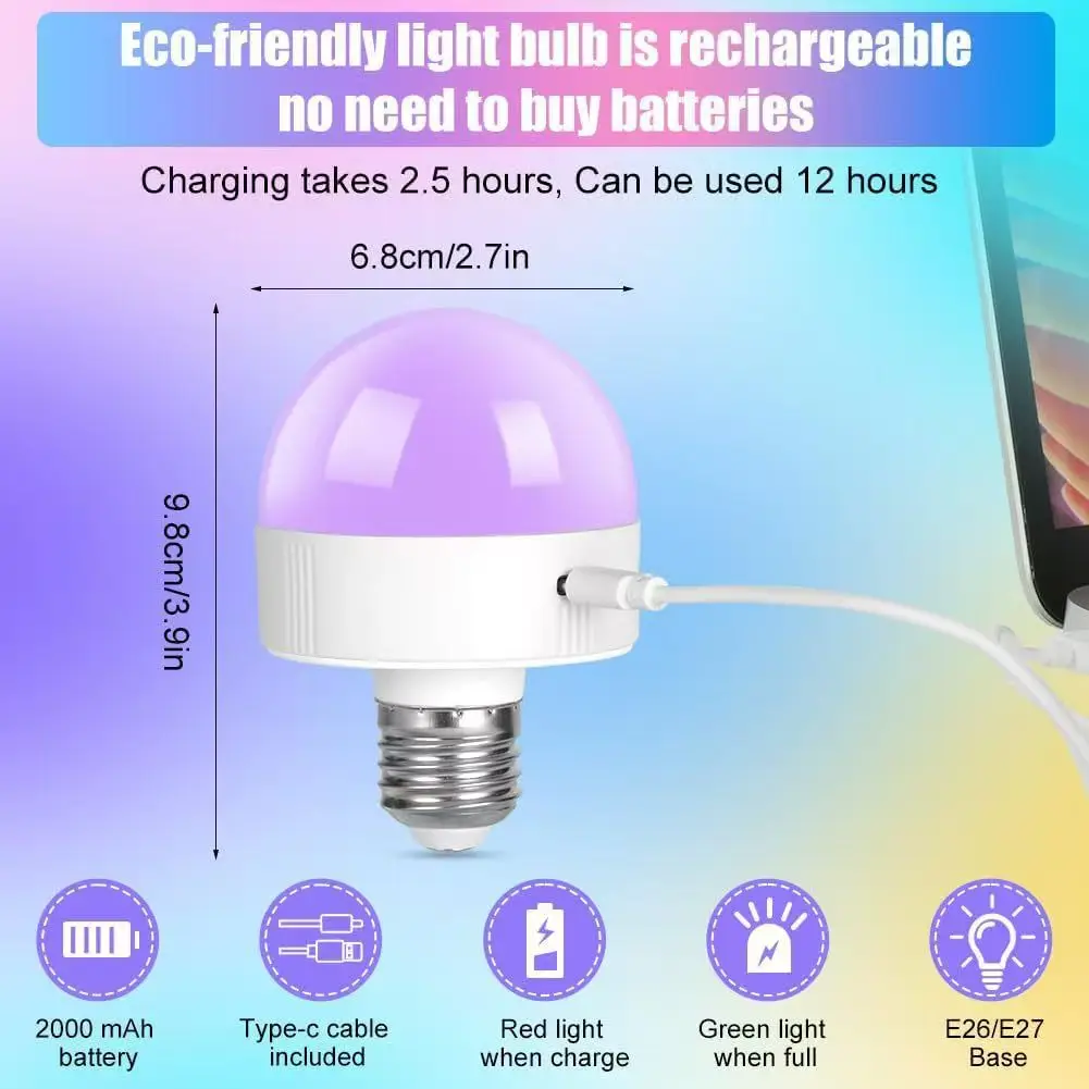 3PCS Smart LED Bulb E27 RGB Color Dimmable USB Rechargeable Cordless Battery Operated with Timing Feature Light