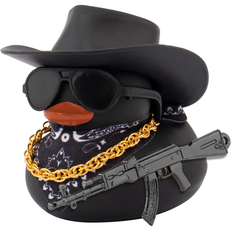Adornos de pato de goma negro para coche, decoraciones para salpicadero, accesorios para coche, decoraciones de pato de goma con AK47 M416 98K