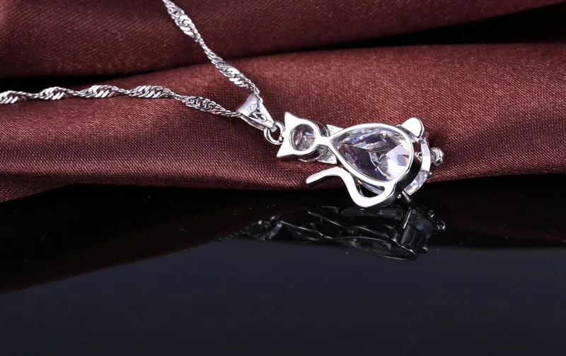 Hot Sale Christmas Birthday Gift for Girls 925 Silver Color Cubic Zircon Cute Cat Pendant Necklace Earrings Jewelry Set