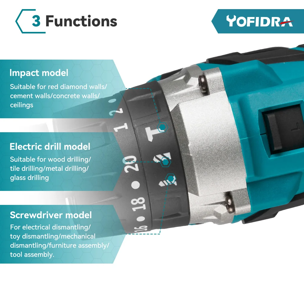 Yofidra 18V 13mm 480N.M  20+3 Torque Brushless Electric Impact Drill 3 in 1 Cordless Electric Screwdriver for Makita 18V Battery