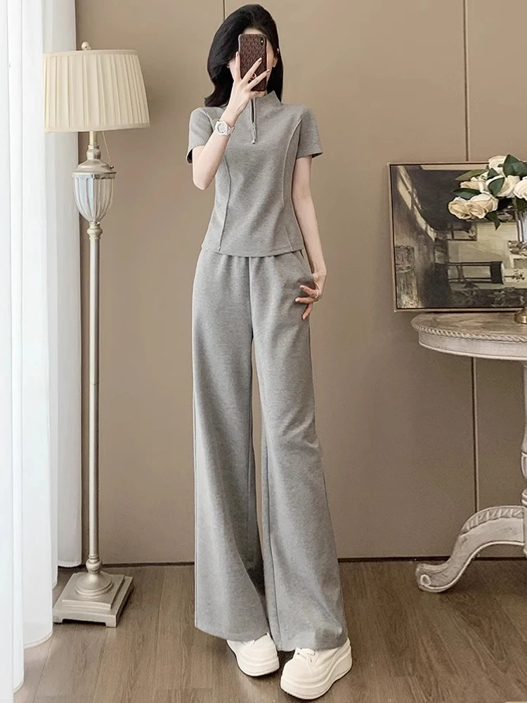 

Женский летний повседневный спортивный костюм-двойка: топ с завышенной талией и широкие брюки из дышащего хлопка