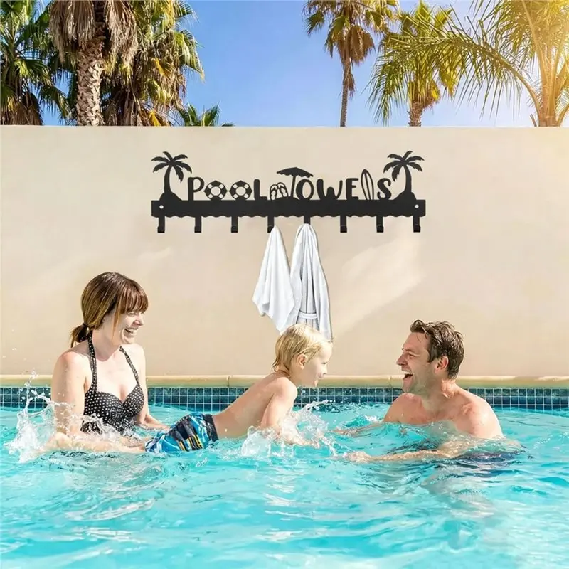 M11K-Pool Towel Rack Metal Towel Hooks Wall Mounted Towel Holder Beach Towel Hook Rack Summer Pool Towel Holder With 8 Hooks