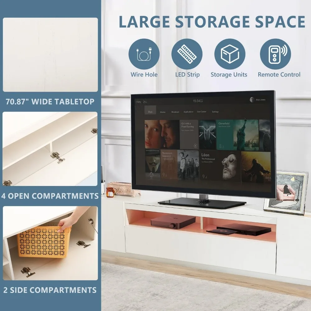 حامل تلفزيون LED، حامل ترفيهي كبير للتلفزيون حتى 80 بوصة، خزانة تلفزيون مع أرفف تخزين، وحدة تحكم تلفزيون قوية