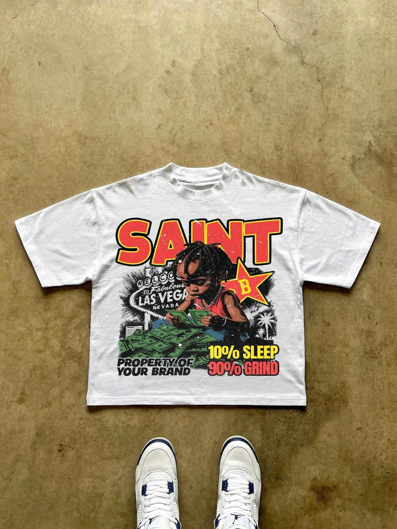 2026 New Parent‑Child Matching Oversize Cotton Tee Vintage Grunge Vegas Cartoon Character Money Graphic Short Sleeve T‑Shirt