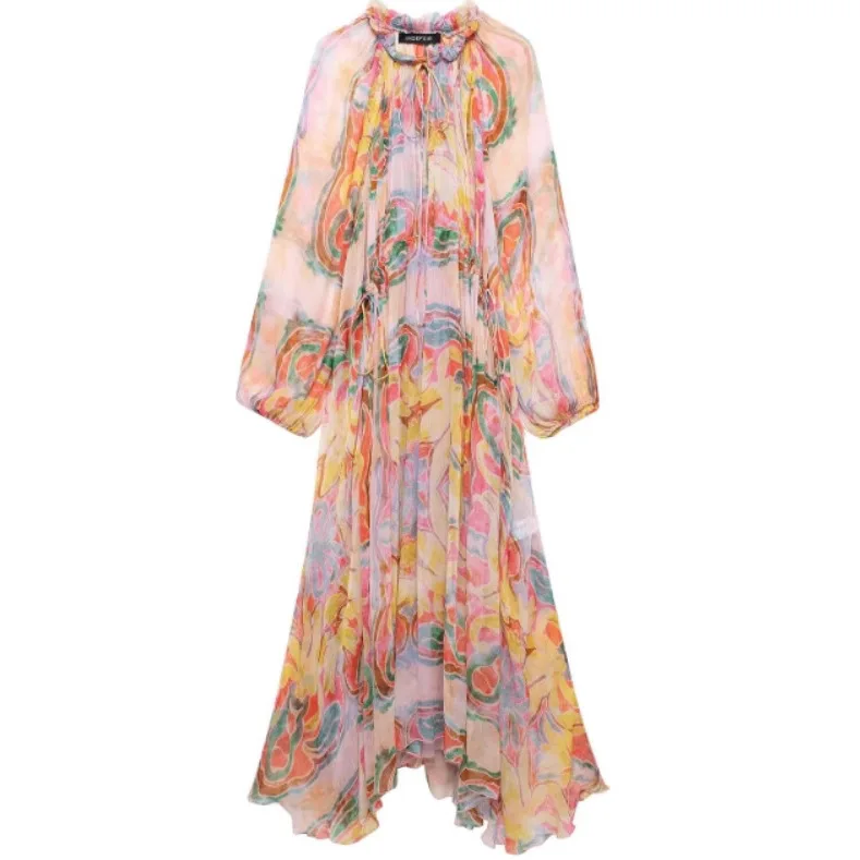 Damen Casual Loose Series Bedrucktes Langarmkleid Farbenfroher Abstrakter Druck Chiffon Maxikleid Langarmkleid Elegant VMLR