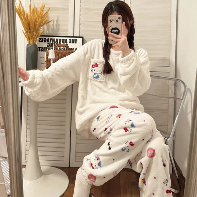 Sanrioed Kuromi Cinnamoroll Hello Kitty Women Plush Pajamas Set Kawaii Spring Winter Home Clothes New Girl Thicken Cute Cartoon