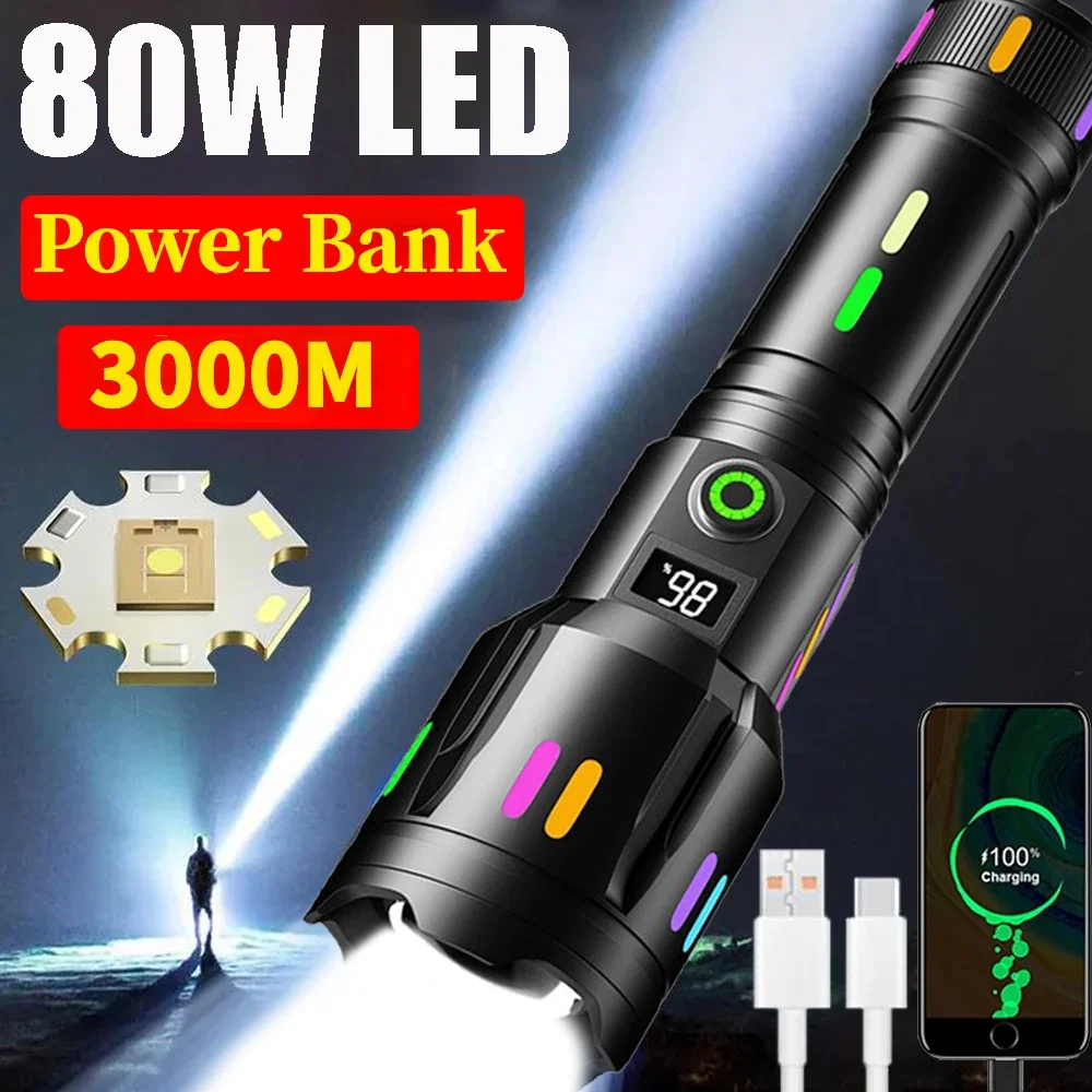 Tactical White Laser Zoomable Flashlight 3000M Long Range TYPE-C Rechargeable Fluorescent Spotlight Outdoor Bright Flashlight