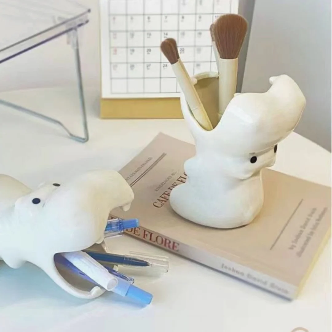 

1pc,cute Hippo Pen Holder Vase,white Matte Resin Pen Holder Makeup Brush Succulents Planter for Home Office Decor Desktop Storage,animal Shape Figurine