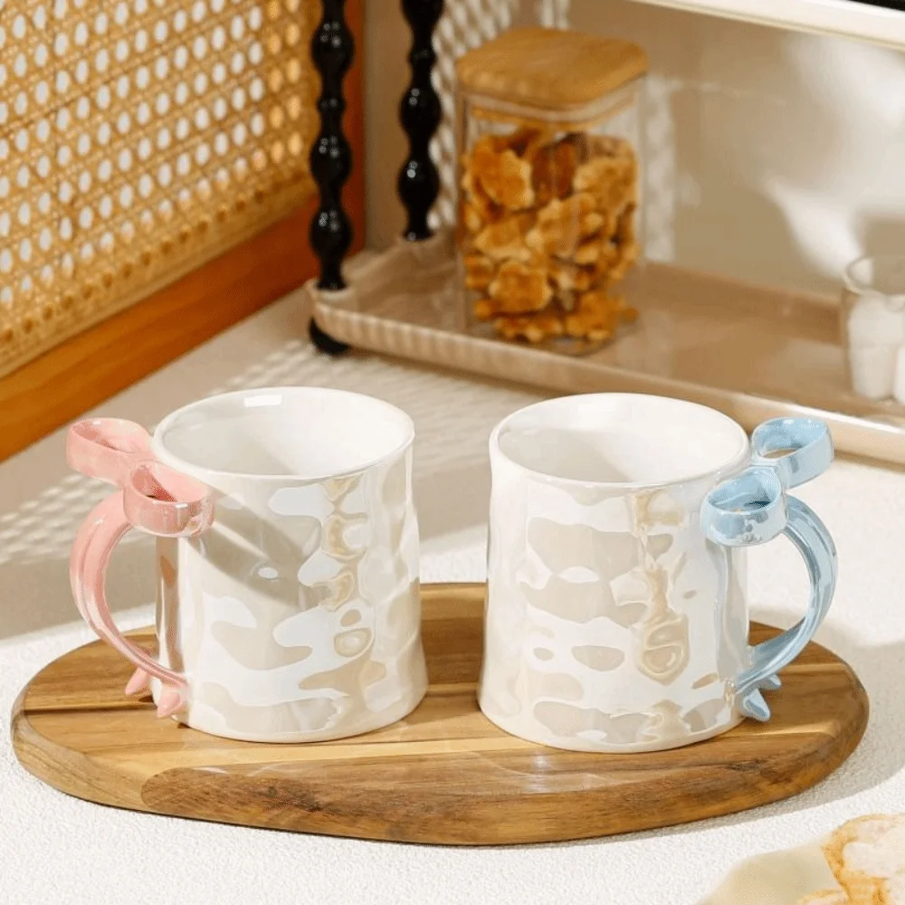 

Exquisite Bowknot Ceramic Mug Sweet Non-slip Bottom Pearlescent Water Cup Simple Comfortable Grip Pottery Drinkware