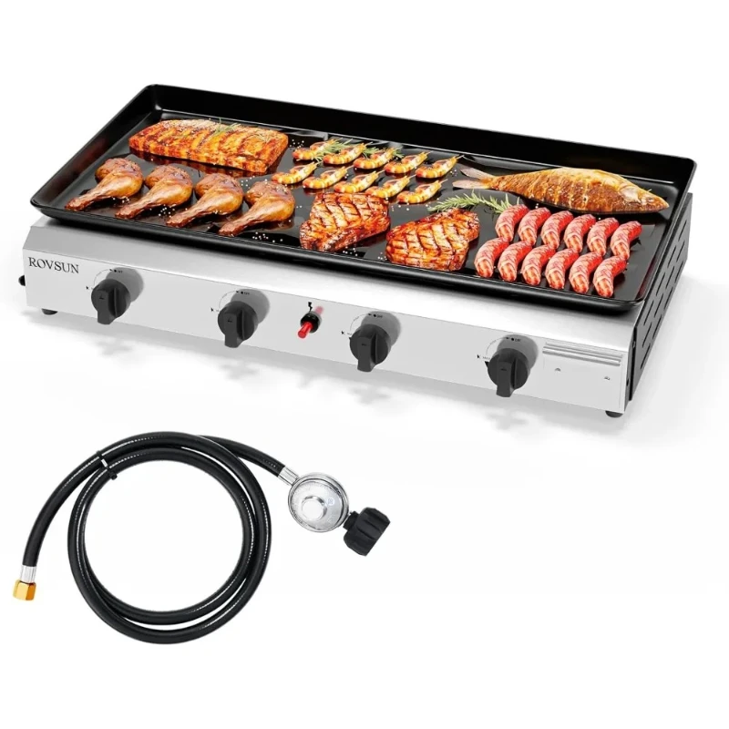 4 Burner Portable Propane Griddle with Nonstick Enameled Tray, 40,000 BTU Tabletop Flat Top Gas Grill with Electronic Ign