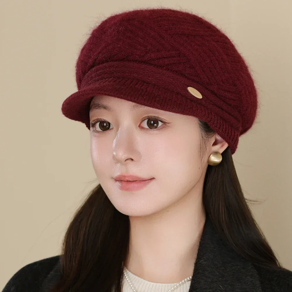 

Плюшевая шапка на меховой подкладке для женщин, зимняя шапка, простой дизайн, повседневная уличная вязаная шапка из меха кролика