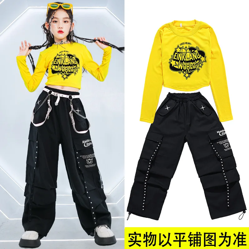 Hip Hop Kids Cool Crop Top K-pop Street Dance Cargo Pants Plaid Skirts Girls Streetwear Children Yellow Jazz Costume Clothes Set