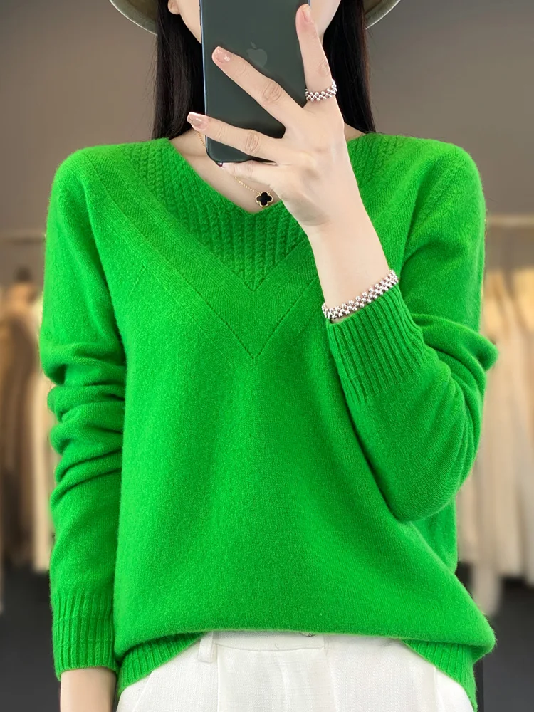 Long Sleeve Women Sweater Autumn Winter V-neck Pullover 100% Merino Wool Bottoming Basic Cashmere Knitwear Clothing Fashion Tops