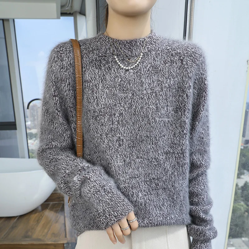 

Autumn/Winter New Comfortable Fashion Thick Women's Round Neck 100% Mink Cashmere Sweater Fancy Yarn Knitted Bottom Jumper Tops