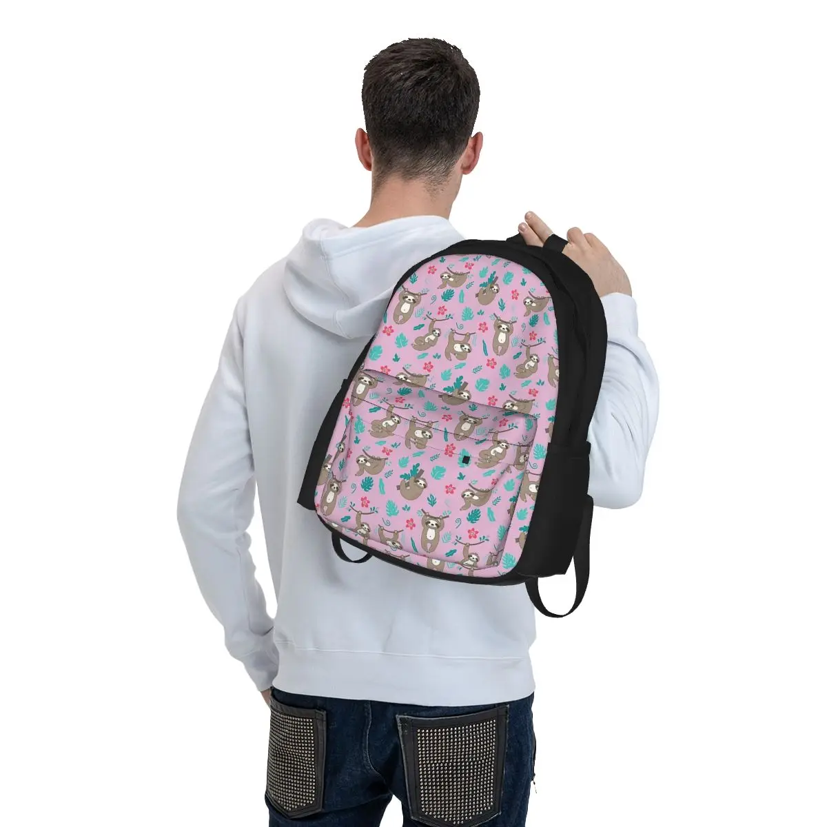 Mochilas rosa padrão preguiça para crianças, Bookbag bonito dos desenhos animados para meninos e meninas, mochilas escolares para crianças, mochila de viagem, bolsa de ombro