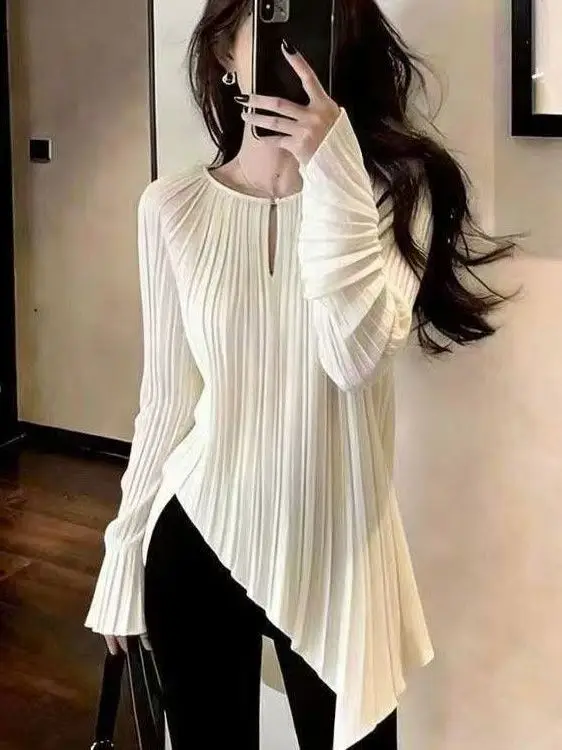 

Elegant Pleated Women's Shirt French Style Spring Fashion Unique Beautiful Shirt Loose Fit Long Sleeve round Neck Collar