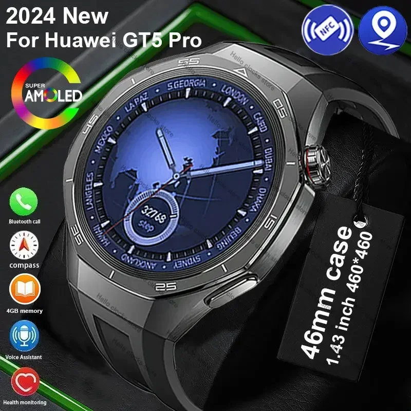 Original For Huawei GT5 Pro Smart Watch Men AMOLED 4G ROM GPS Navigation NFC Compass Bluetooth Call Clock Sports Smartwatch 2024