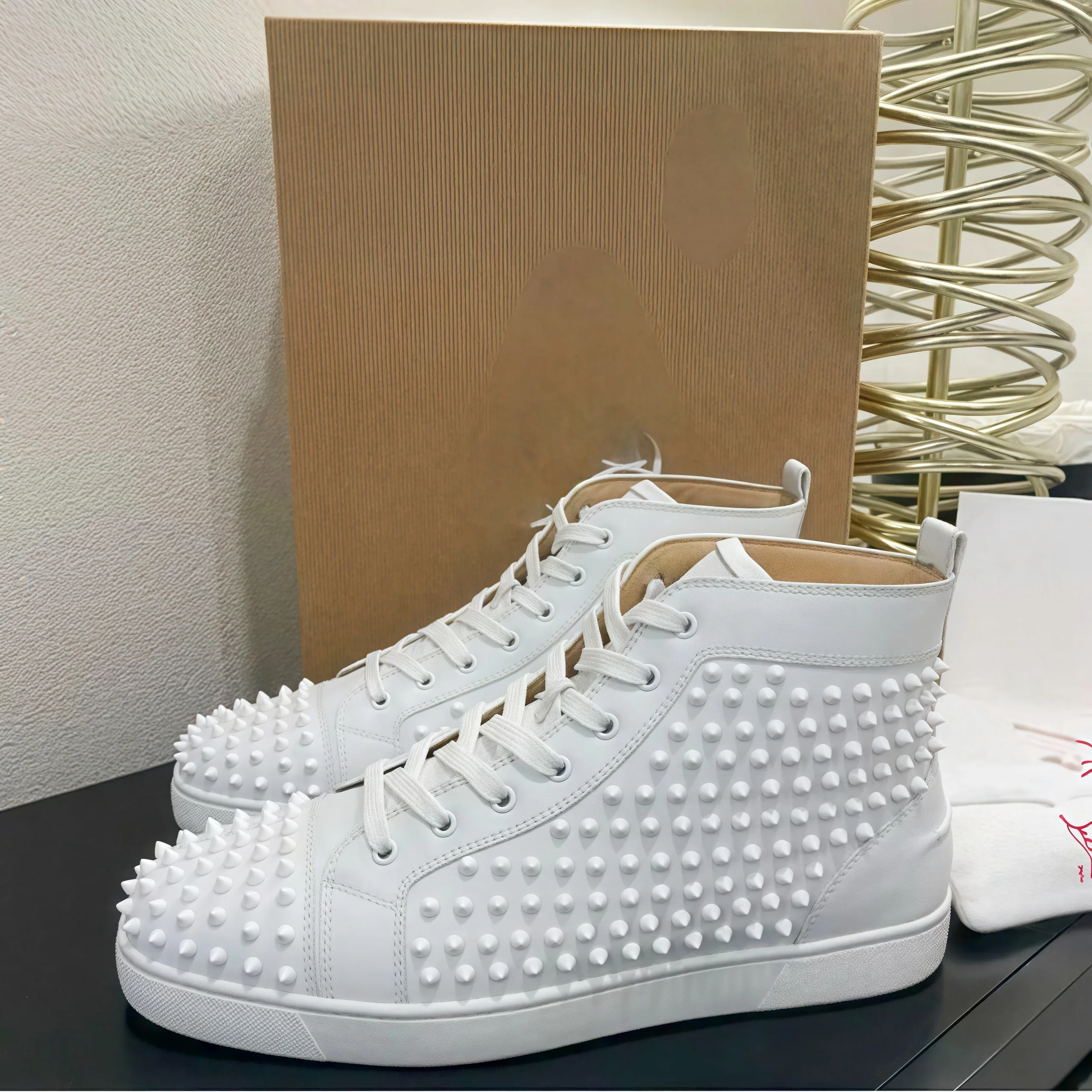Black Studded Leather Rivets High-Top Sneakers Classic Designer Style Round Toe Men's Sports Shoes Comfort Lace-Up Casual Shoes