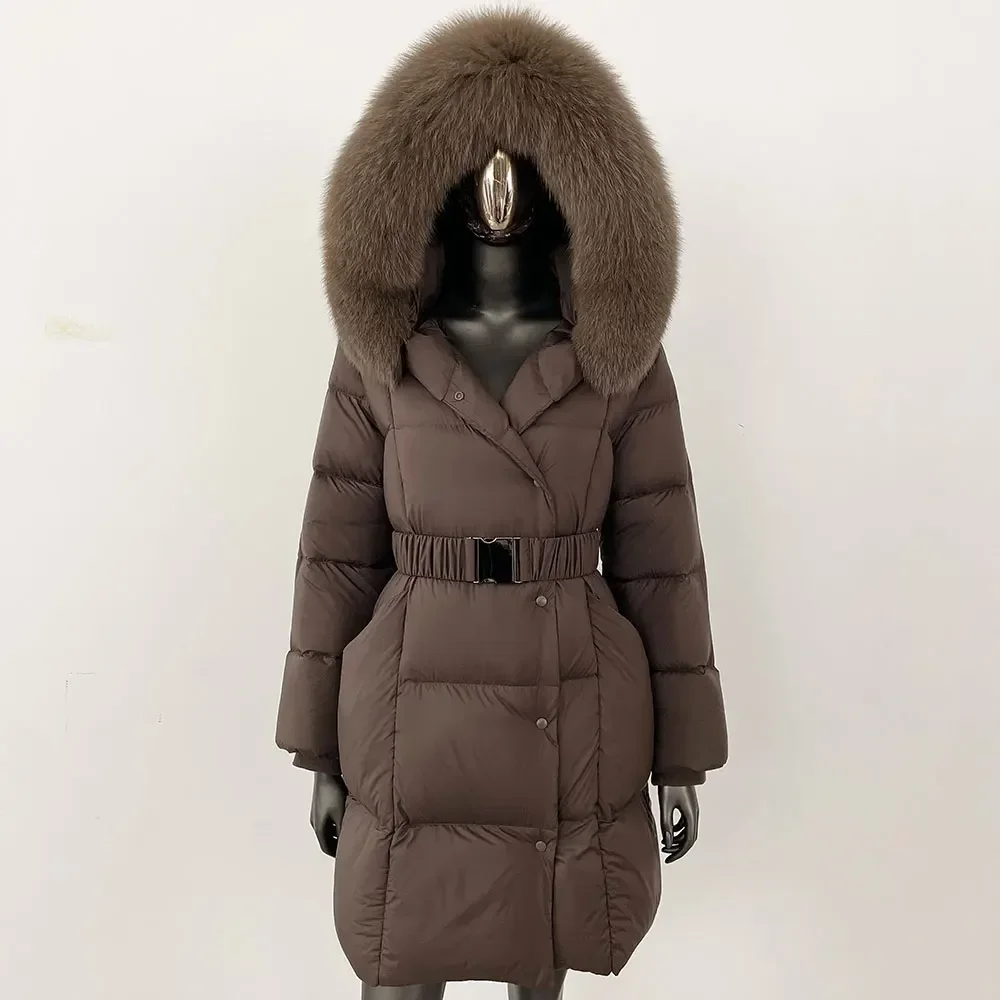 여성 후드 화이트 덕 다운 코트 롱 리얼 퍼 재킷 겨울 천연 폭스 퍼 칼라 재킷 2025 신상 오버사이즈 여성 아우터웨어