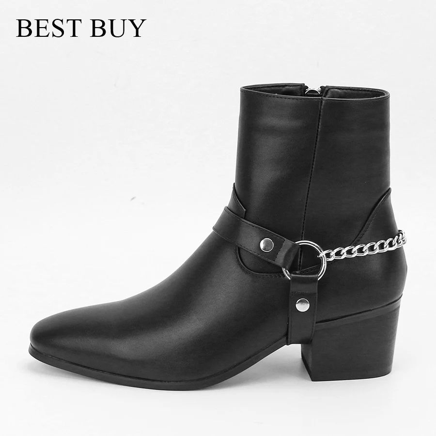 New Beige /Black Leather Shoes Chains Buckle Men Boots Stacked Heel Anke Boots Side Zip Men Fashion Shoes motorcycle boots