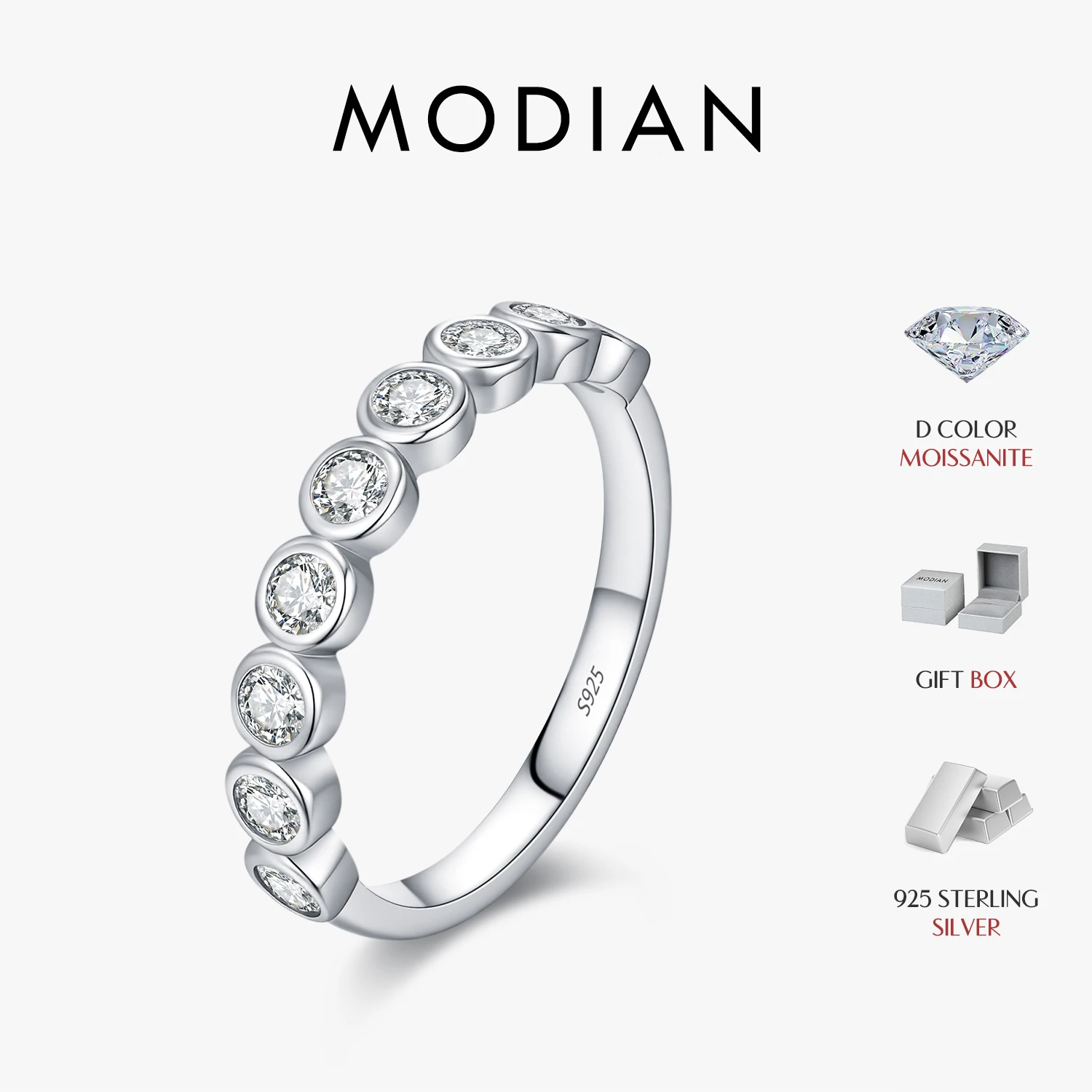 

MODIAN 925 Sterling Silver Fashion Sparkle Round D Color Moissanite Eternity Band Rings For Women Statement Jewelry