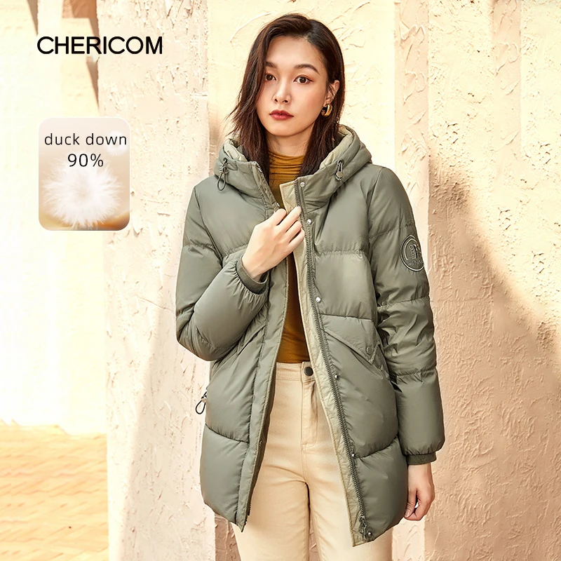 Chericom Chaqueta de plumón de pato de invierno para mujer, chaqueta acolchada gruesa con capucha de longitud media, abrigos acolchados finos y versátiles para ir al trabajo 279131