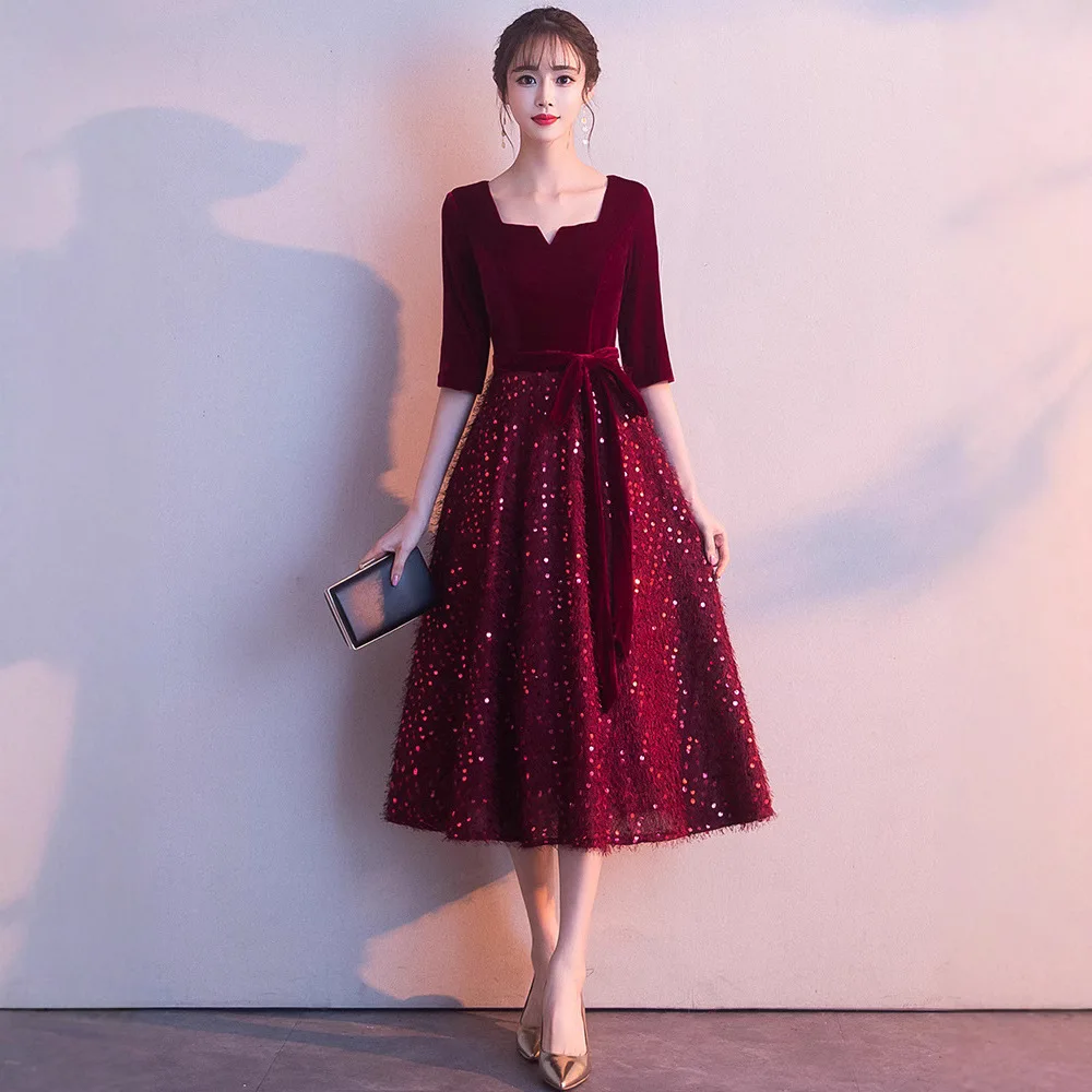 

Wine Red Velvet & Sequin Tulle A-Line Bridesmaid Dress Notched Neck 3/4 Sleeve Tea-Length Formal Gown With Waist Bow