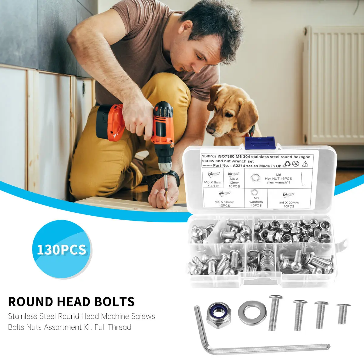 

Набор из 130 винтов с круглой головкой и шестигранной внутренней резьбой из нержавеющей стали в прозрачном кейсе: прочные винты, болты, гайки, крепежные элементы