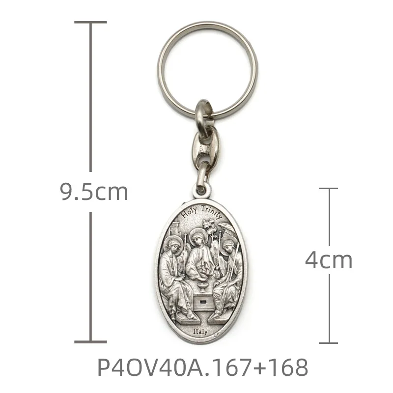 Italy Medal Catholic Silver Tong Keychain Holy Trinity and SS.Mater Boni Consilii O.P.N Jesus Filium Double Side Key Chain