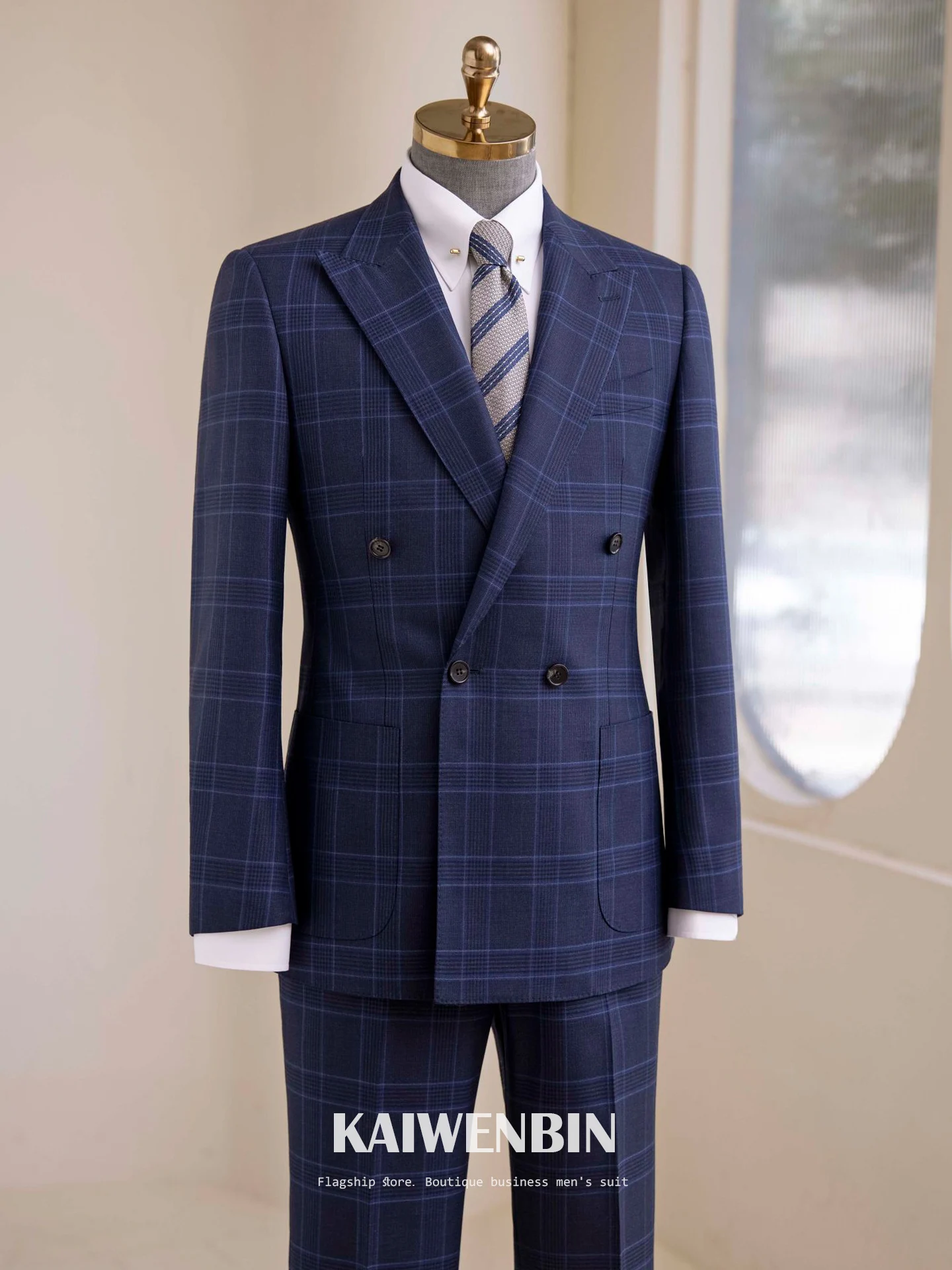 Men's Suit Blue Glen Plaid Double Breasted Peak Lapel 100% Wool Oasisbo Fabric Luxury Business Groom Formal Wear Banquet Custom