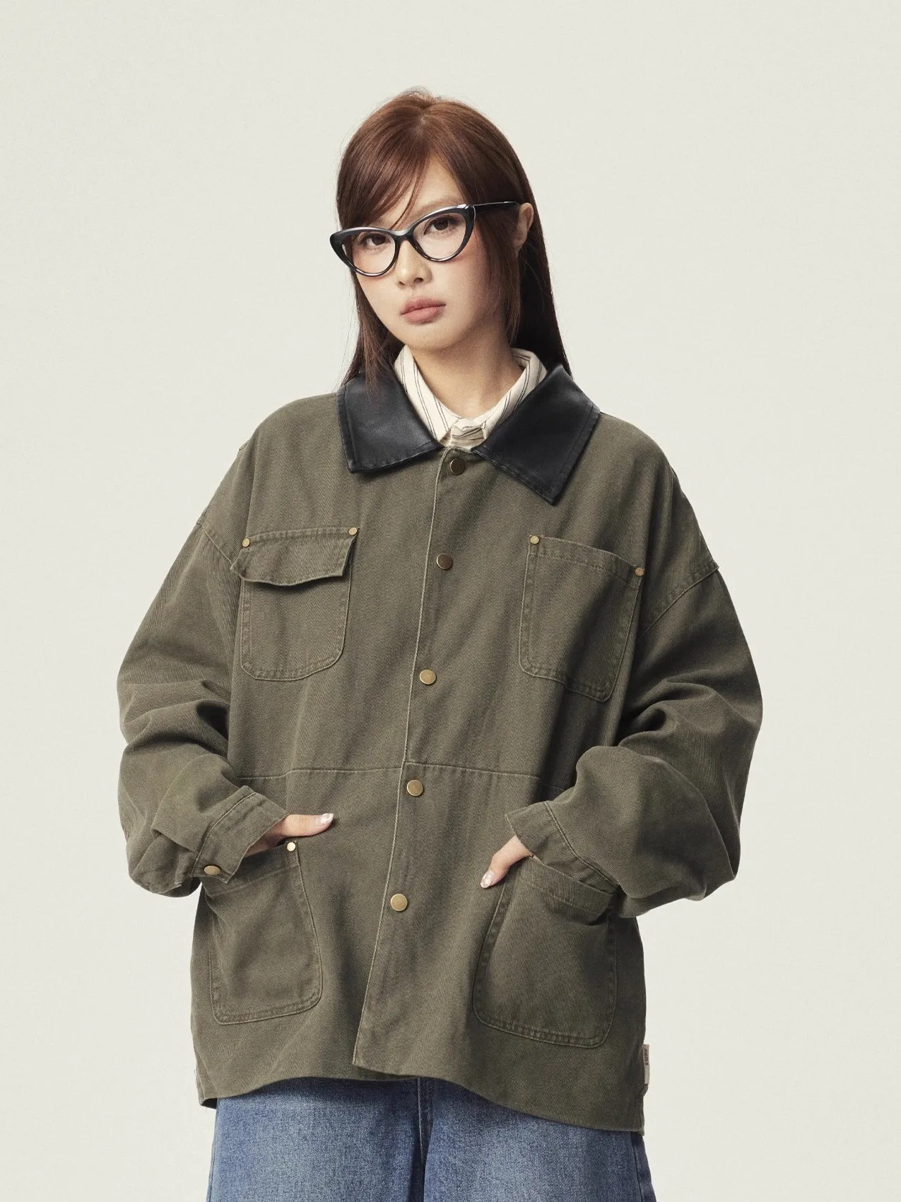 

American Retro Heavyweight Workwear Leather Patchwork Collar Jaet Loose Fit Men's Women's Autumn Outerwear