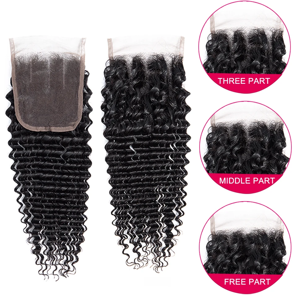 Deep wave bundles with closure Brazilian deep curly human hair weaves with 4x4 lace closure Nature Black