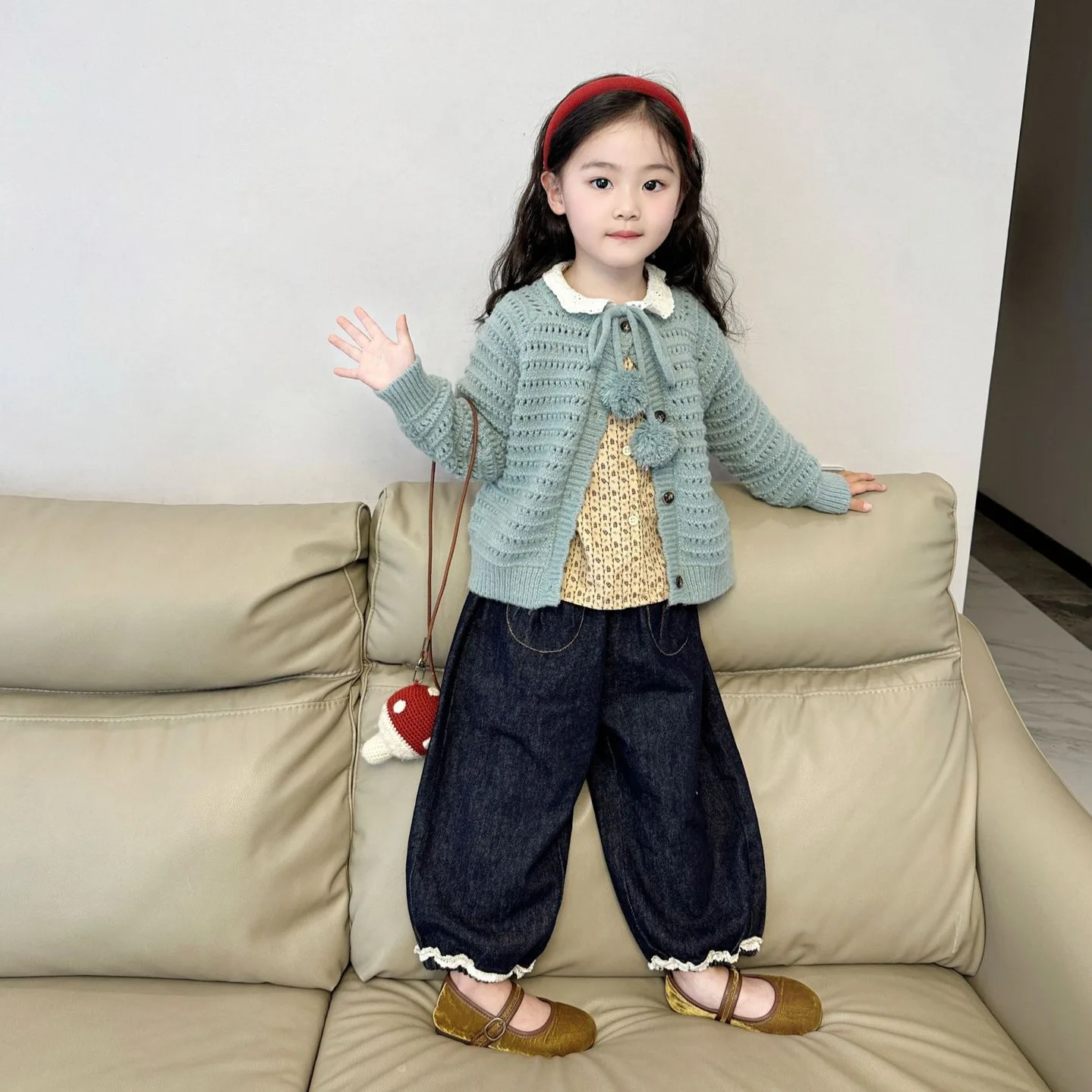 Girls Suits 2024 New Fall Vintage Blue Sweater Doll Shirt Denim Trouser Suit Three-piece Set Korean Simple Style Clothes Suits